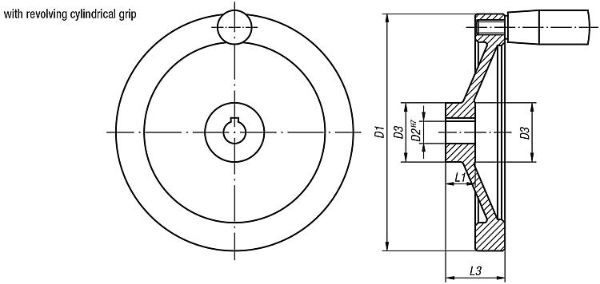 Handwheel Discs In Aluminium With revolving Cylinder Grip Drawing