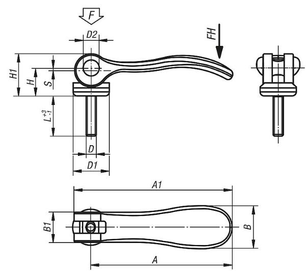 CAM LEVER SIZE:1 M06X50, A=70,4, B=21,5, ALUMINIUM RED RAL3003 POWDER-COATED, COMP:STAINLESS STEEL