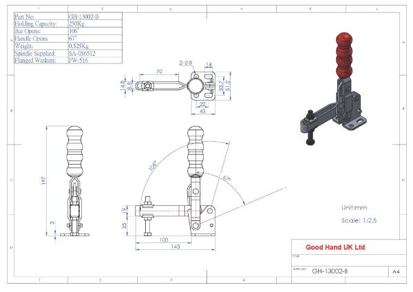 GH-13002-B 300Kg vertical toggle clamp with flat base and slotted arm