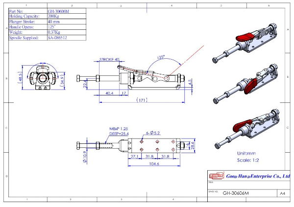 Push Pull Toggle Clamp Plunger Stroke 40mm Size 200daN