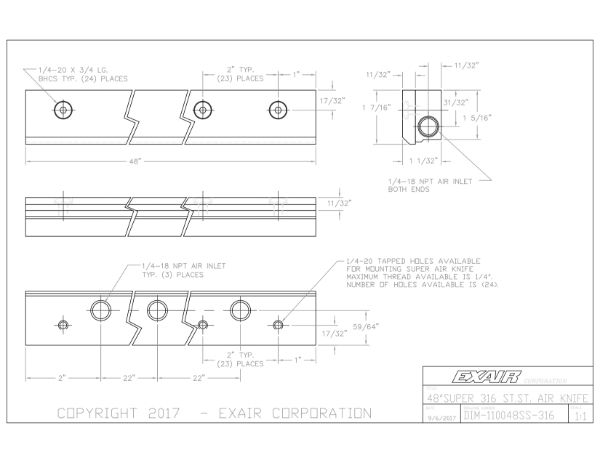 48" 316 Stainless Steel Super Air Knife Kit With Plumbing Kit Installed