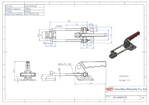 GH-40870-SS Stainless Steel Toggle Latch Clamp Size 700Kg