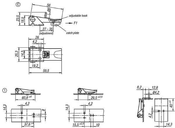 59mm Stainless Steel Adjustable Screw Latch with Padlock Ring Dimensions