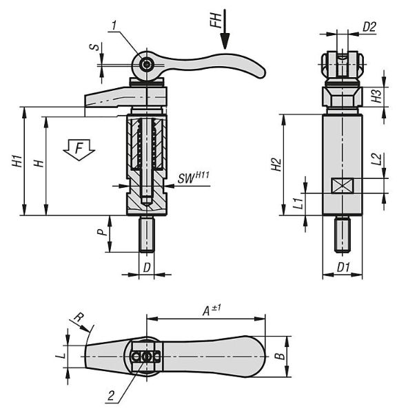 HOOK CLAMP W. COLLAR, WITH CAM LEVER, M08, D1=20, P=20, CARBON STEEL 