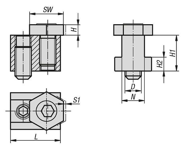 Cam screws with hexagon washer, for T-slots