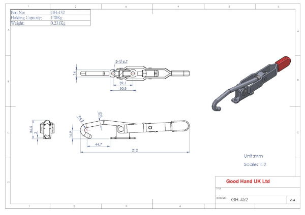 GH-452 Hook Toggle Clamp Optional Latch Plate 170Kg