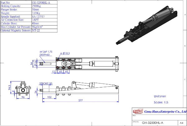 Pneumatic Toggle Clamp Plunger Stroke 50mm Size 2500daN