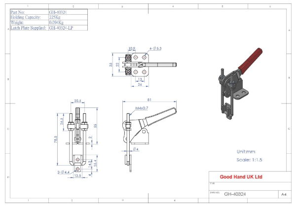 GH-40324 Vertical Latch Toggle Clamp with Latch Plate Size 225Kg