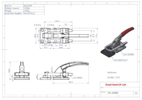 GH-40380 Horizontal Latch Toggle Clamp with Latch Plate 3400Kg