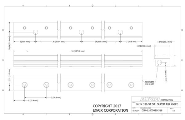 54" Stainless Steel Super Air Knife Kit with Plumbing Kit Installed