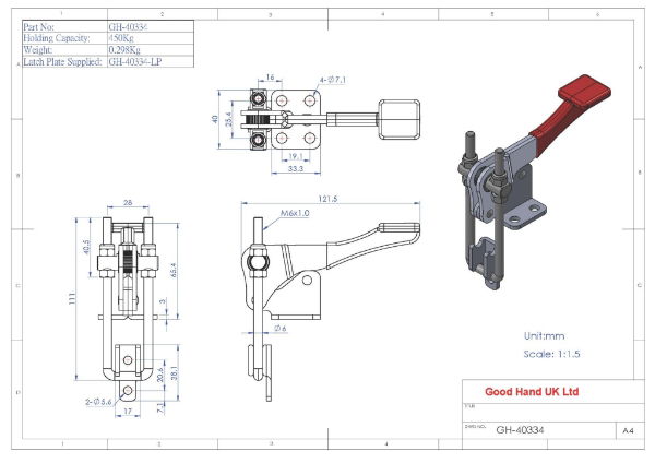 GH-40334 Vertical Latch Toggle Clamp with Latch Plate Size 450Kg