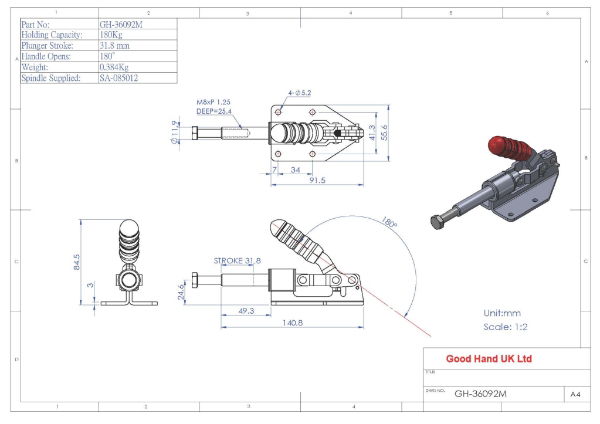 GH-36092M Push Pull Toggle Clamp 31.8mm Size 180Kg