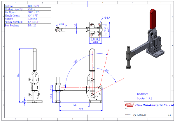 Vertical Toggle Clamp Flat Base Solid Arm Size 450Kg