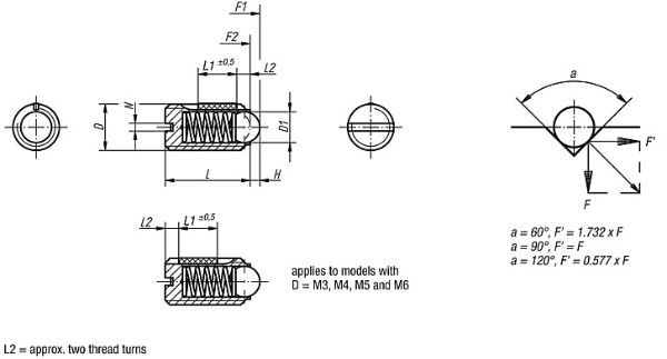 Stainless Steel Kipp Spring Plungers with High Spring Force D=M03 L=7, Good Hand UK, Technical Drawing 