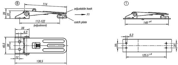 138mm Steel Adjustable Screw Latch with Safety Clip Dimensions