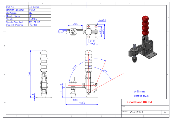 Vertical Toggle Clamp Flat Base Slotted Arm Size 340Kg