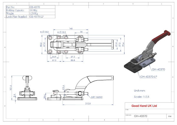 GH-40370 Horizontal Latch Toggle Clamp with Latch Plate 1818Kg