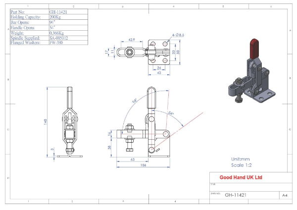 GH-11421 200Kg vertical toggle clamp with flat base and slotted arm