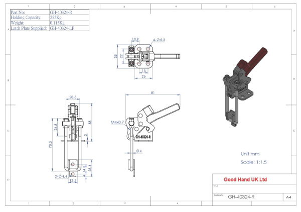 GH-40324-R 225Kg vertical latch toggle clamp with safety lock