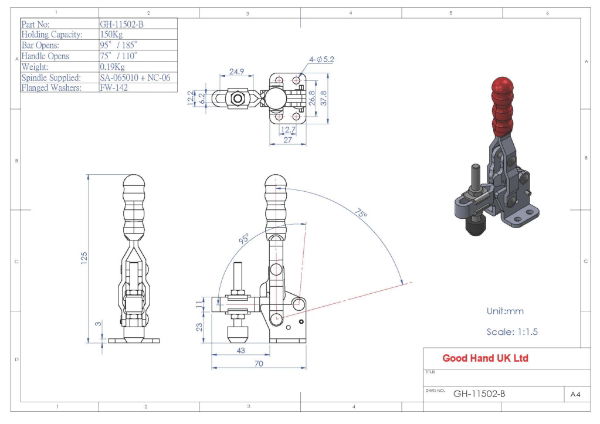 GH-11502-B 150Kg vertical toggle clamp with flat base and slotted arm