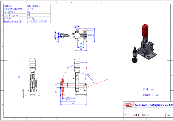 Vertical Toggle Clamp Flat Base Fixed Arm Size 100kg