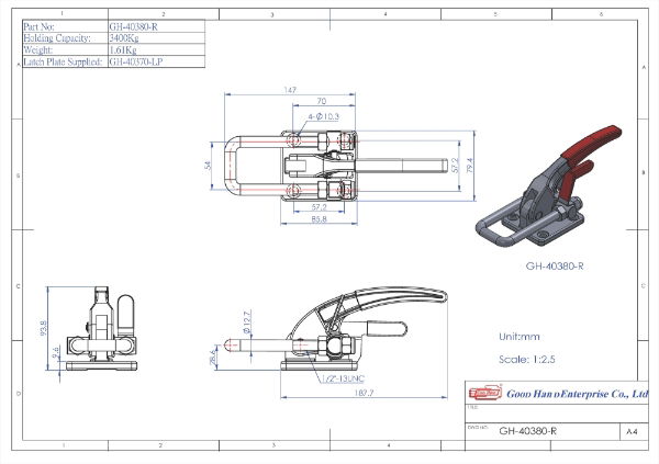 GH-40380-R Safety Lock Latch Toggle Clamp with Latch Plate Size 3400Kg