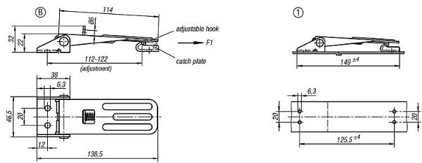 138mm Steel Adjustable Screw Latch with Padlock Ring Dimensions