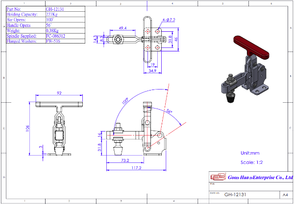 Vertical Clamp Low Profile Flat Base Slotted Arm Size 227Kg