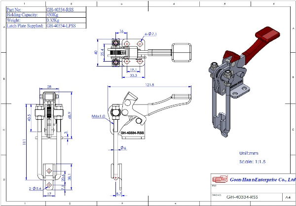 Overall Height 111mm. Overall Length 121.5mm. Holding Force 450daN