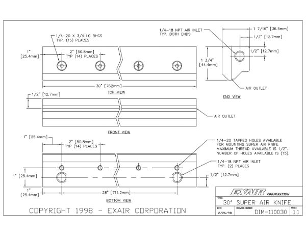 30" Super Air Knife Kit with Plumbing Kit Installed