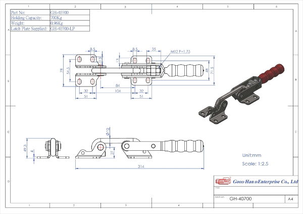 GH-40700 Hook Toggle Clamp with Latch Plate Size 700Kg