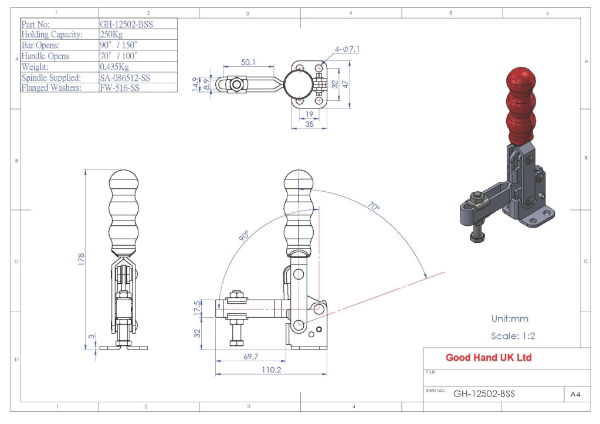 GH-12502-BSS Stainless Steel Flat Base Vertical Toggle Clamp