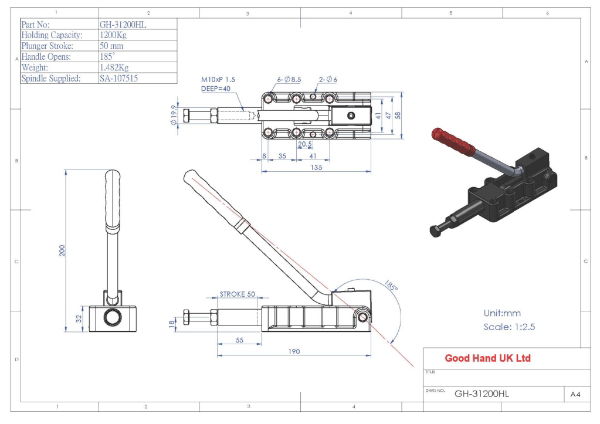 GH-31200HL Long Handled Push Pull Clamp Plunger Stroke 50mm Size 1200Kg