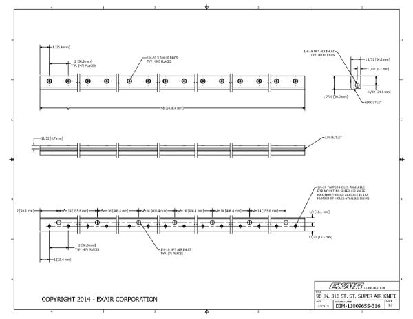 96" 316 Stainless Steel Super Air Knife Kit With Plumbing Kit Installed