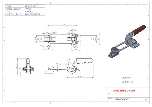 GH-40840-SS Stainless Steel Toggle Latch Clamp Size 400Kg