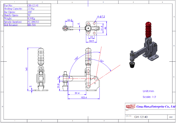 Vertical Toggle Clamp Flat Base Solid Arm Size 227Kg