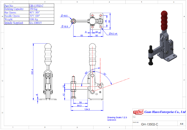 Vertical Toggle Clamp Flat Base Fixed Arm Size 350kg