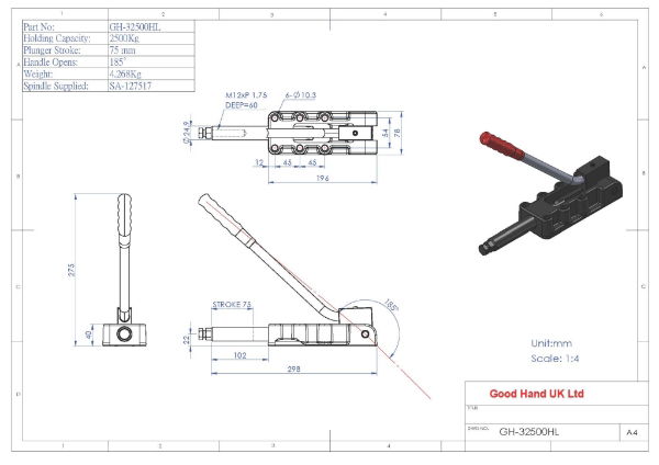 GH-32500HL Long Handled Push Pull Clamp Plunger Stroke 75mm Size 2500Kg