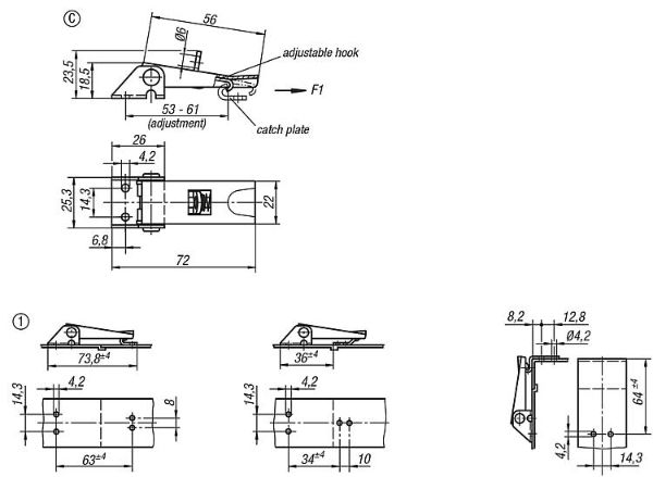 Steel Adjustable Screw Latch with Padlock Ring Length 72mm Dimensions