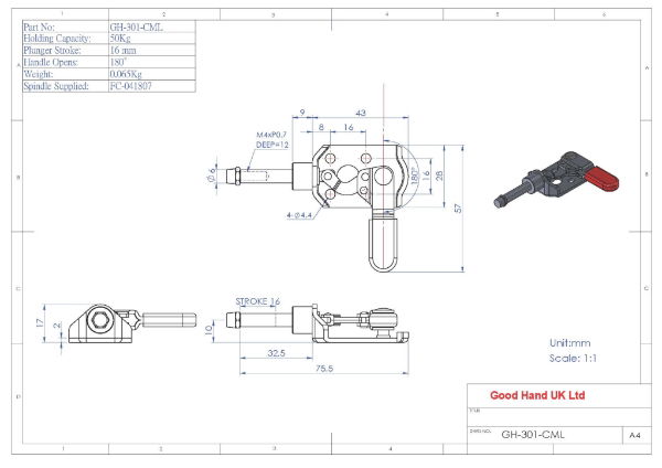 GH-301-CML Push Pull Clamp Left Hand 16mm Size 45Kg