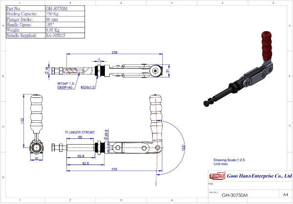 Push Pull No Mounting Bracket Stroke 66mm Size 750daN