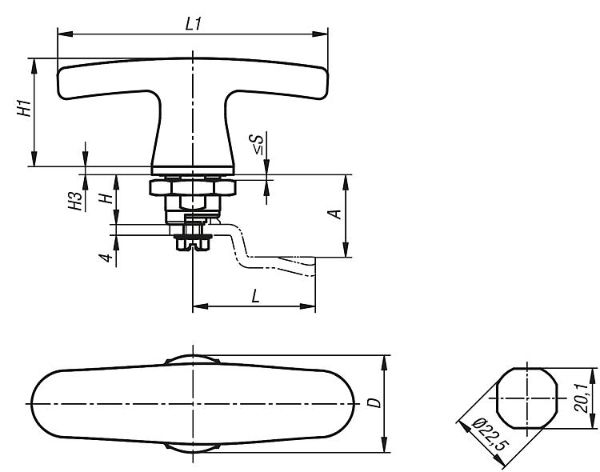 Quarter-turn lock in Hygienic DESIGN with T-grip Drawing