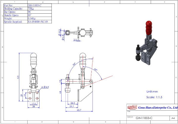 Vertical Toggle Clamp Side Base Fixed Arm Size 100daN