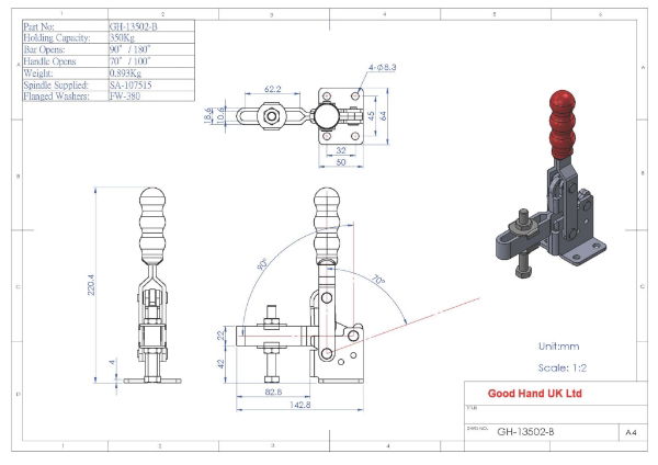 GH-13502-B 350Kg vertical toggle clamp with flat base and slotted arm