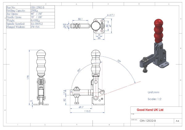 GH-12502-B 250Kg vertical toggle clamp with flat base and slotted arm