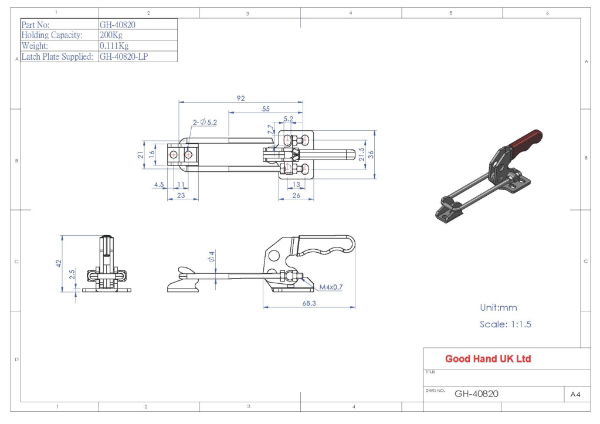 GH-40820 Horizontal or Vertical Latch Toggle Clamp Size 200Kg