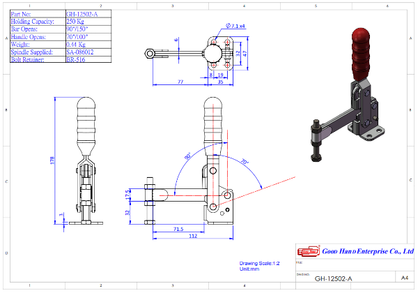 Vertical Toggle Clamp Flat Base Solid Arm Size 250kg