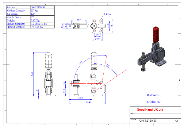 GH-12130-SS stainless steel vertical flat base toggle clamp 227Kg