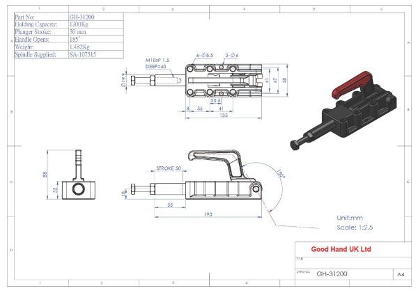 GH-31200 Push Pull Toggle Clamp Plunger Stroke 50mm Size 1200Kg