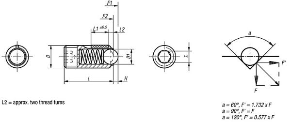 Kipp Stainless Steel Spring Plunger - High Spring Force, Technical Drawing, Good Hand UK